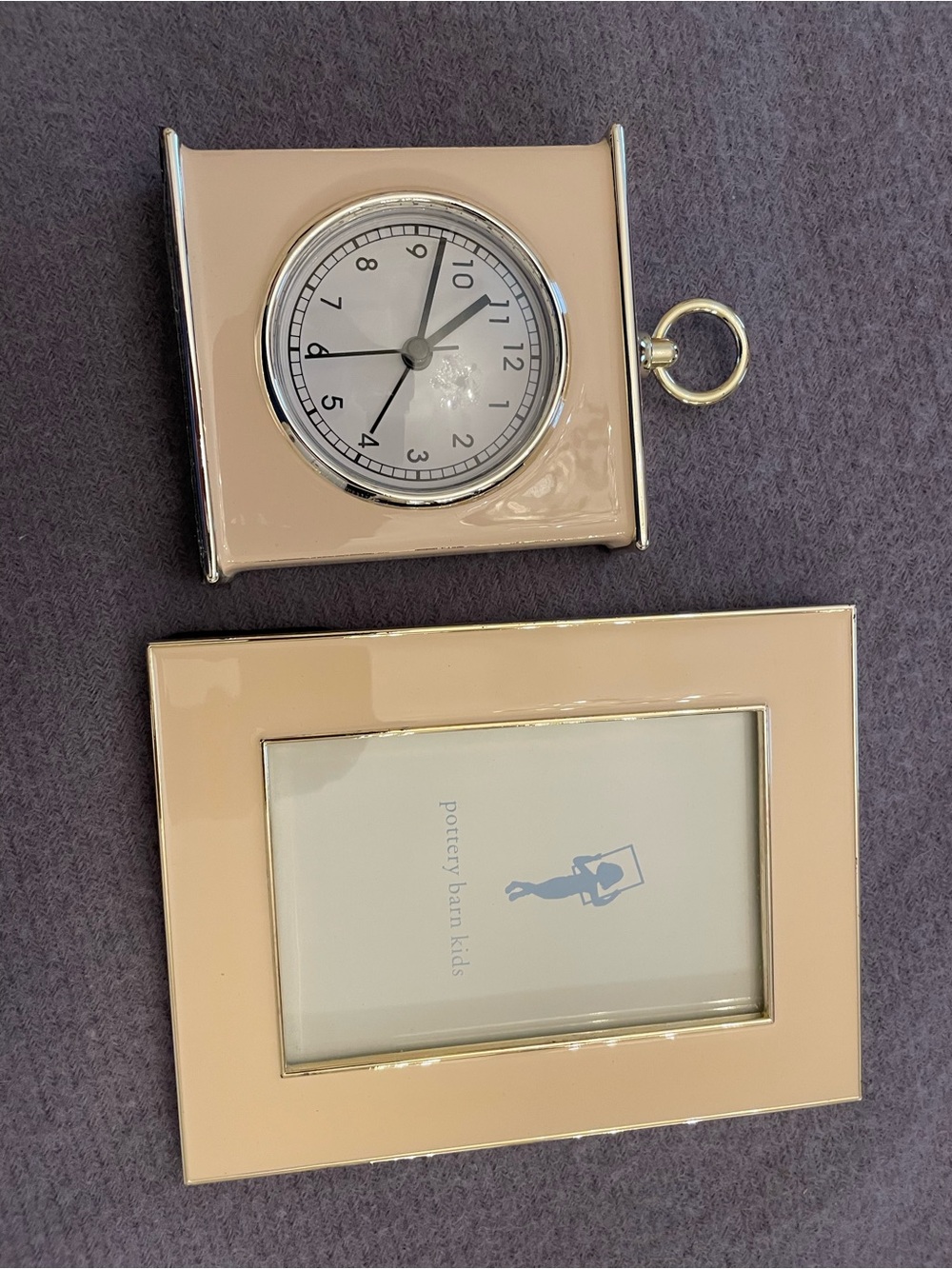 Pink Enamel Table Clock and Photo Frame Set